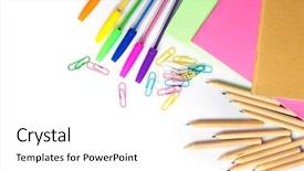  Presentation with set of sauces in white - Presentation design featuring group class picture composite - set of stationery isolated background and a  colored foreground