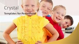  Presentation with classmates - Theme featuring group classmates standing in a row in the classroom background and a coral colored foreground