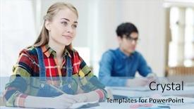  Presentation with university student internship - Slide set consisting of group classroom - student of university attending lecture background and a  colored foreground