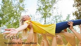  Presentation with team group - Audience pleasing PPT theme consisting of group collectively raise a woman backdrop and a gold colored foreground