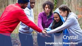  Presentation with hands-holding - PPT theme consisting of group decition - five young people wearing sport background and a ocean colored foreground