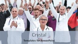  Presentation with patients - Beautiful presentation featuring group-doctors-and-patients-clapping backdrop and a light blue colored foreground