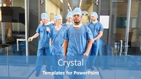  Presentation with emergency department - Slide set with group doctors as a surgery team in front of the emergency department of the clinic in readiness background and a teal colored foreground