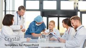  Presentation with meeting - Amazing presentation theme having group-doctors-in-a-meeting backdrop and a light blue colored foreground