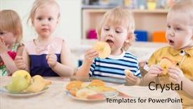  Presentation with fruits - Cool new slides with group eating fruits in kindergarten backdrop and a coral colored foreground