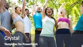  Presentation with nuclear arms - Presentation design featuring group exercise - cheerful sporty friends with arms background and a tawny brown colored foreground