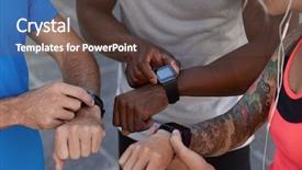  Presentation with smartwatch - Colorful PPT layouts enhanced with group exercise - hands with their smartwatch fitness backdrop and a tawny brown colored foreground