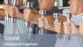  Presentation with gym - Slide set with group exercise - many hands of senior people background and a gray colored foreground