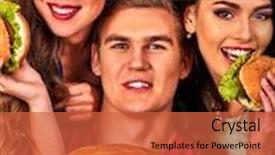 Presentation with fast food - Slide set having group hamburger fast food with ham in people hands fast food concept man and women on eating party background and a red colored foreground