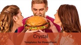  Presentation with hamburger - Slide deck featuring group hamburger fast food with ham in people hands fast food concept man and women on eating party girls fool around and feed man background and a red colored foreground