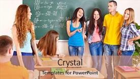  Presentation with group of happy couples - Slides with group happy student in classroom near blackboard background and a coral colored foreground