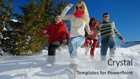  Presentation with young healthy people - Cool new PPT layouts with group have fun at winter backdrop and a  colored foreground