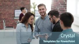  Presentation with business group meeting - PPT theme having group have meeting at conference background and a ocean colored foreground