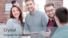  Presentation with business group meeting - Audience pleasing theme consisting of group have meeting at conference backdrop and a light gray colored foreground