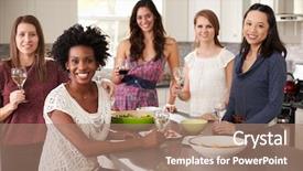  Presentation with portrait of excited overjoyed female - Slide set consisting of group homes - portrait of female friends enjoying background and a  colored foreground