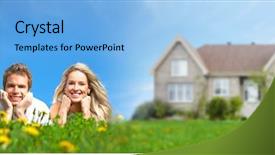  Presentation with house - Colorful PPT theme enhanced with group houses sale - couple near new house backdrop and a light blue colored foreground