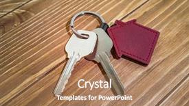  Presentation with house key - Audience pleasing PPT theme consisting of group houses sale - key chain with house symbol backdrop and a coral colored foreground