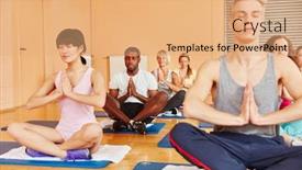  Presentation with exercise class - Presentation having group in yoga class making a wellness exercise at fitness center background and a coral colored foreground