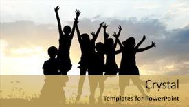  Presentation with children grow - Slide set consisting of group jumping children on meadow background and a yellow colored foreground