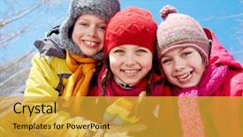  Presentation with camera - Slide set featuring group kids - happy friends in winterwear looking background and a gold colored foreground