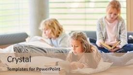  Presentation with children books - Slides featuring together read children's books background and a coral colored foreground