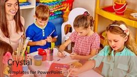  Presentation with kids - Audience pleasing slide set consisting of group kids with teacher woman backdrop and a coral colored foreground