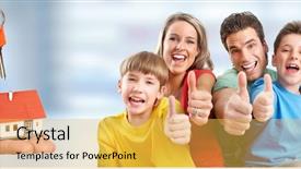  Presentation with family - Theme enhanced with group life insurance - happy family and little house background and a  colored foreground