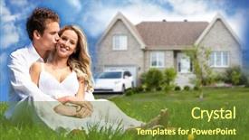  Presentation with real estate - Slide deck featuring group life insurance - happy family near new house background and a tawny brown colored foreground