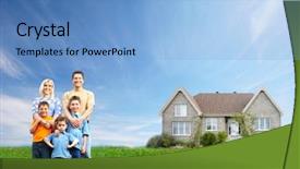  Presentation with happy life - Cool new slide deck with group life insurance - happy family near new house backdrop and a light blue colored foreground