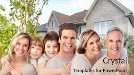  Presentation with doctor a new born and family - Colorful presentation design enhanced with group life insurance - happy family near new house backdrop and a  colored foreground