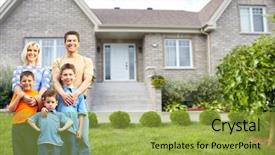  Presentation with new family new born - Cool new slide set with group life insurance - happy family near new house backdrop and a yellow colored foreground