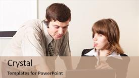  Presentation with small group working - Cool new PPT layouts with group of 2 business people working together in the office backdrop and a coral colored foreground