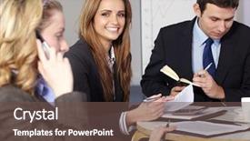  Presentation with group - Beautiful presentation theme featuring group of 3 businesspeople sitting backdrop and a  colored foreground