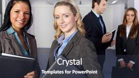  Presentation with females - Amazing PPT theme having group of 4 young business people two females at foreground and two people blurred in the background backdrop and a dark gray colored foreground