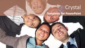  Presentation with unity - Cool new presentation design with group of 5 businesspeople in a circle looking down unity and teamwork concept low angle shoot backdrop and a coral colored foreground