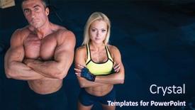  Presentation with group fitness - Colorful presentation enhanced with group of a muscular man and fitness woman standing with arms folded in gym looking at camera backdrop and a navy blue colored foreground