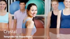  Presentation with aerobics - Theme consisting of group of active people in sportswear at the gym in a aerobics class background and a coral colored foreground