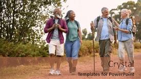  Presentation with walking together - PPT layouts with group-of-active-senior-friends background and a coral colored foreground