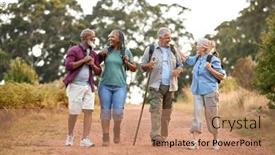  Presentation with walking together - Theme having group-of-active-senior-friends background and a coral colored foreground