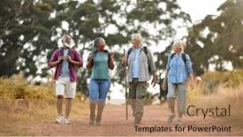  Presentation with walking together - PPT layouts enhanced with group-of-active-senior-friends background and a coral colored foreground
