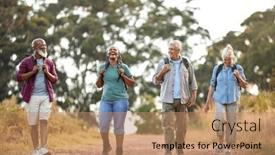 Presentation with walking together - PPT theme with group-of-active-senior-friends background and a coral colored foreground