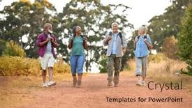  Presentation with walking together - Presentation theme featuring group-of-active-senior-friends background and a coral colored foreground