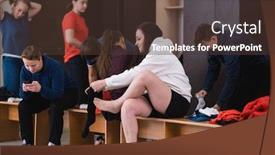  Presentation with group training - Colorful slide deck enhanced with group-of-active-young-women backdrop and a tawny brown colored foreground