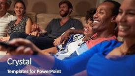  Presentation with television watching - Colorful presentation theme enhanced with group of adult friends watching backdrop and a ocean colored foreground