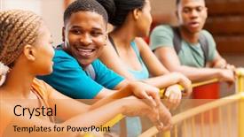  Presentation with college - Slide set featuring group of african college friends chatting during lunch break background and a yellow colored foreground