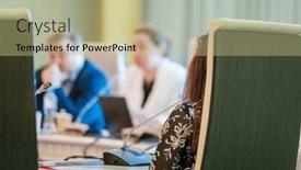  Presentation with conference table microphones - Presentation theme enhanced with group-of-anonymous-businesspeople-sitting background and a mint green colored foreground