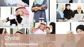  Presentation with blue and orange business people - Audience pleasing PPT theme consisting of group of arabic business people backdrop and a coral colored foreground
