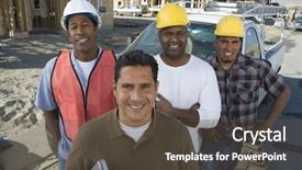  Presentation with community service happy volunteer group - Colorful slide deck enhanced with group of architects at construction backdrop and a tawny brown colored foreground