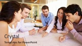 Presentation with architects - Presentation design having group of architects discussing plans background and a coral colored foreground