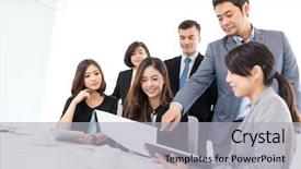 Presentation with conference - PPT theme enhanced with group of asian business people background and a light gray colored foreground